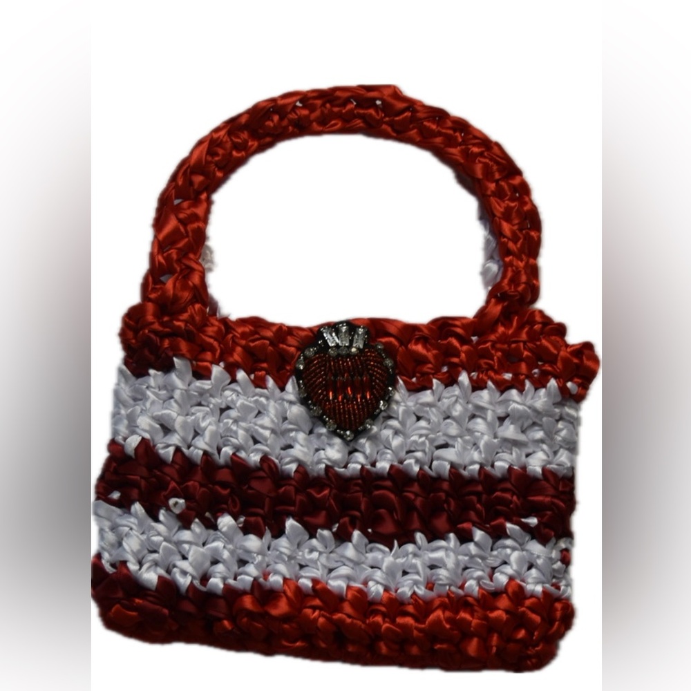 Red and White Upcycled Ribbon Purse